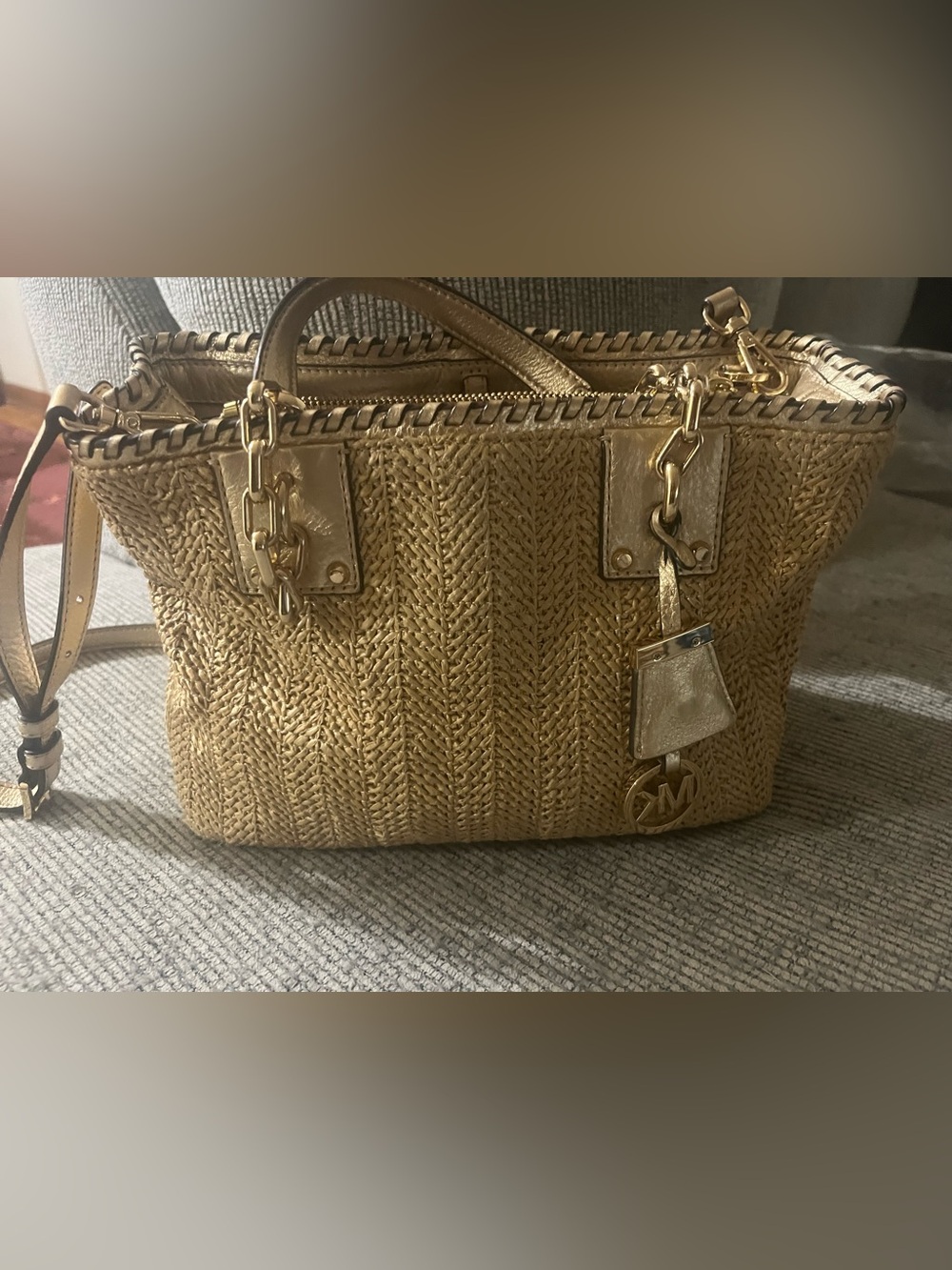 Michael Kors Gold Woven Tote with Chain-Link Straps - Picture 1 of 10